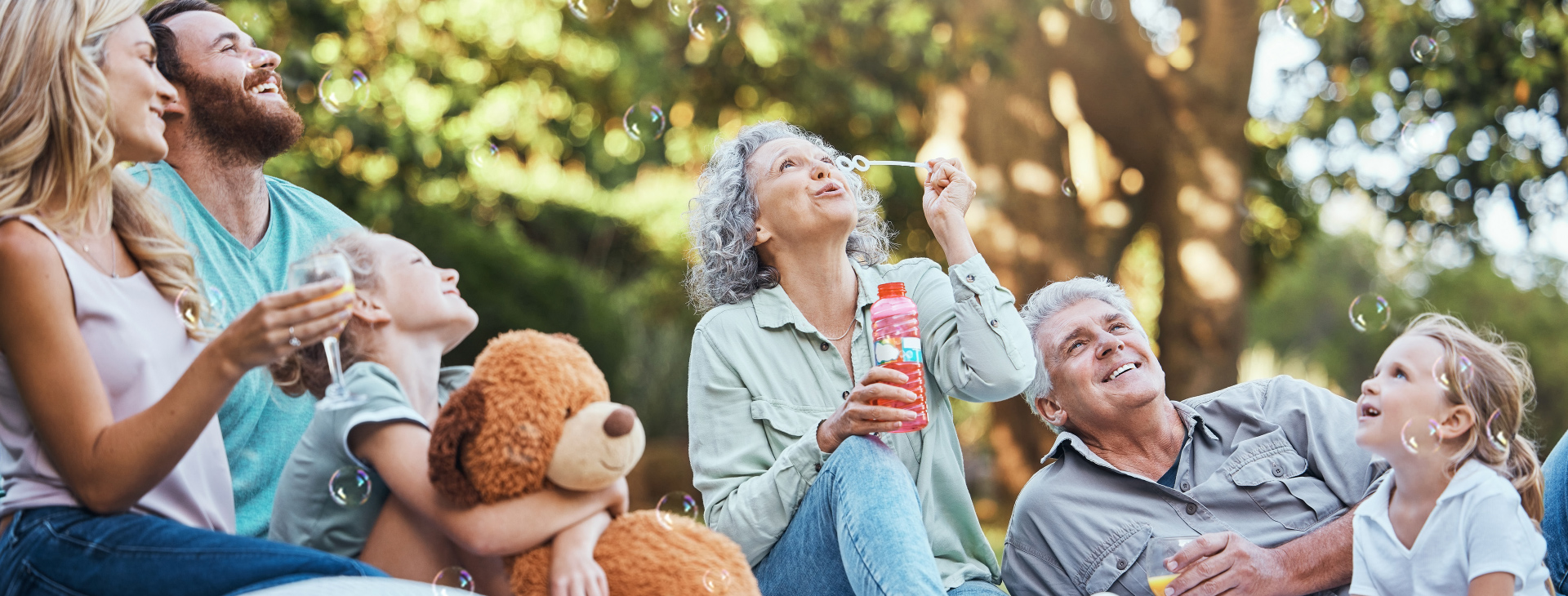 Eine Mehrgenerationenfamilie genießt einen entspannten Tag im Park. Eine ältere Frau mit grauen Locken sitzt auf einer Picknickdecke, bläst Seifenblasen und hält eine Flasche Fruchtsaft in der Hand. Neben ihr ein älterer Mann, der lächelnd in die Ferne blickt. Kinder und Erwachsene umgeben sie fröhlich, ein großes Stofftier liegt in der Mitte. Die Sonne scheint durch die grünen Bäume und taucht die Szene in warmes Licht. Auf dem Bild steht in weißer, fettgedruckter Schrift: „IMPULSABEND - ÜBER DAS LEBEN HINAUS“.